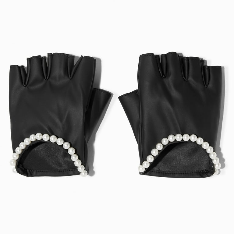 Claire's Pearl Trim Black Faux Leather Fingerless Gloves - Walmart.com