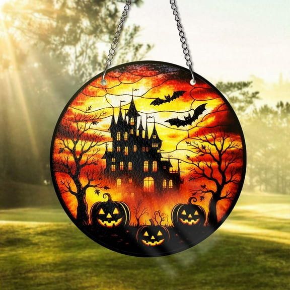 Haunted House Stained Glass Suncatcher Halloween Window Art Spooky Pumpkins Bat Decor Gothic Fall Home Decor Unique Halloween Gift