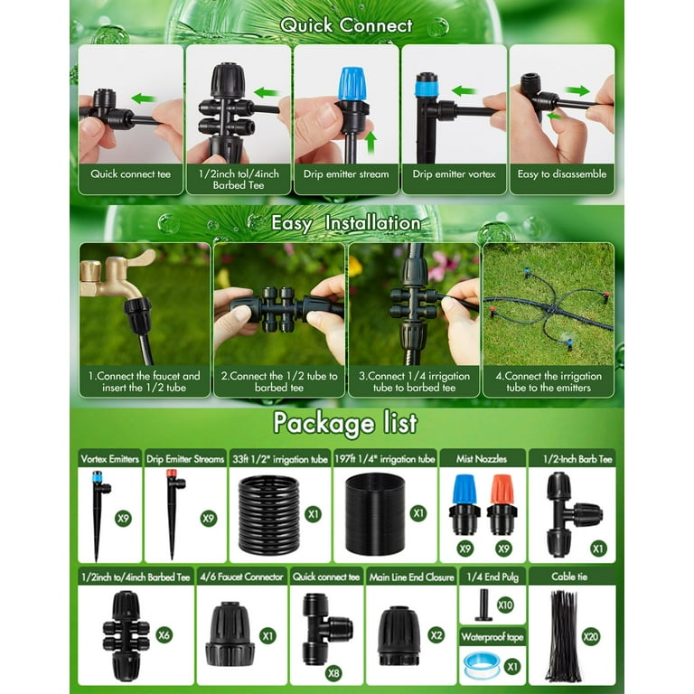 Bonviee 100FT Drip Irrigation Kit, Quick-Connect Garden Watering System