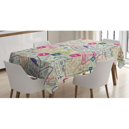 

Traveller Decor Tablecloth Passport Visa Stamps Illustration Toronto Hong Kong Berlin Print Rectangular Table Cover for Dining Room Kitchen 60 X 90 Inches Egg Shell and Pink by Ambesonne
