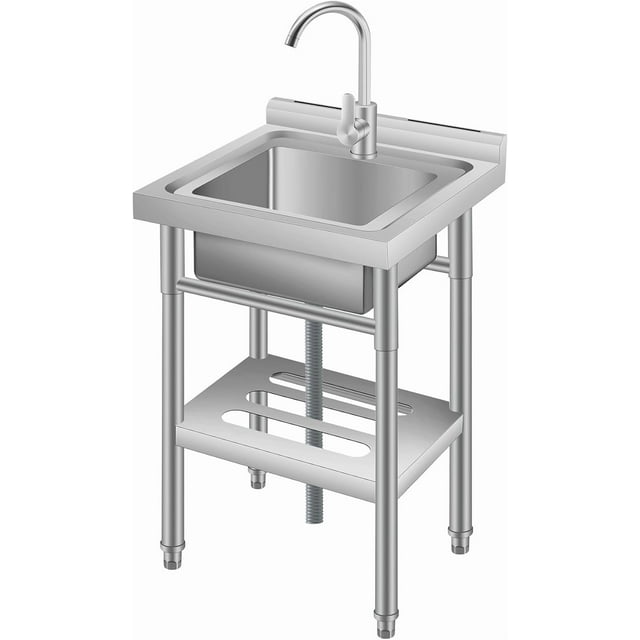 GloryStar Commercial Free Standing Utility Sink, Single Bowl Stainless Steel Sink with Pre-Installed Faucet, Cloth & Gloves, Cold and Hot Water Pipes for Kitchen and Laundry Use