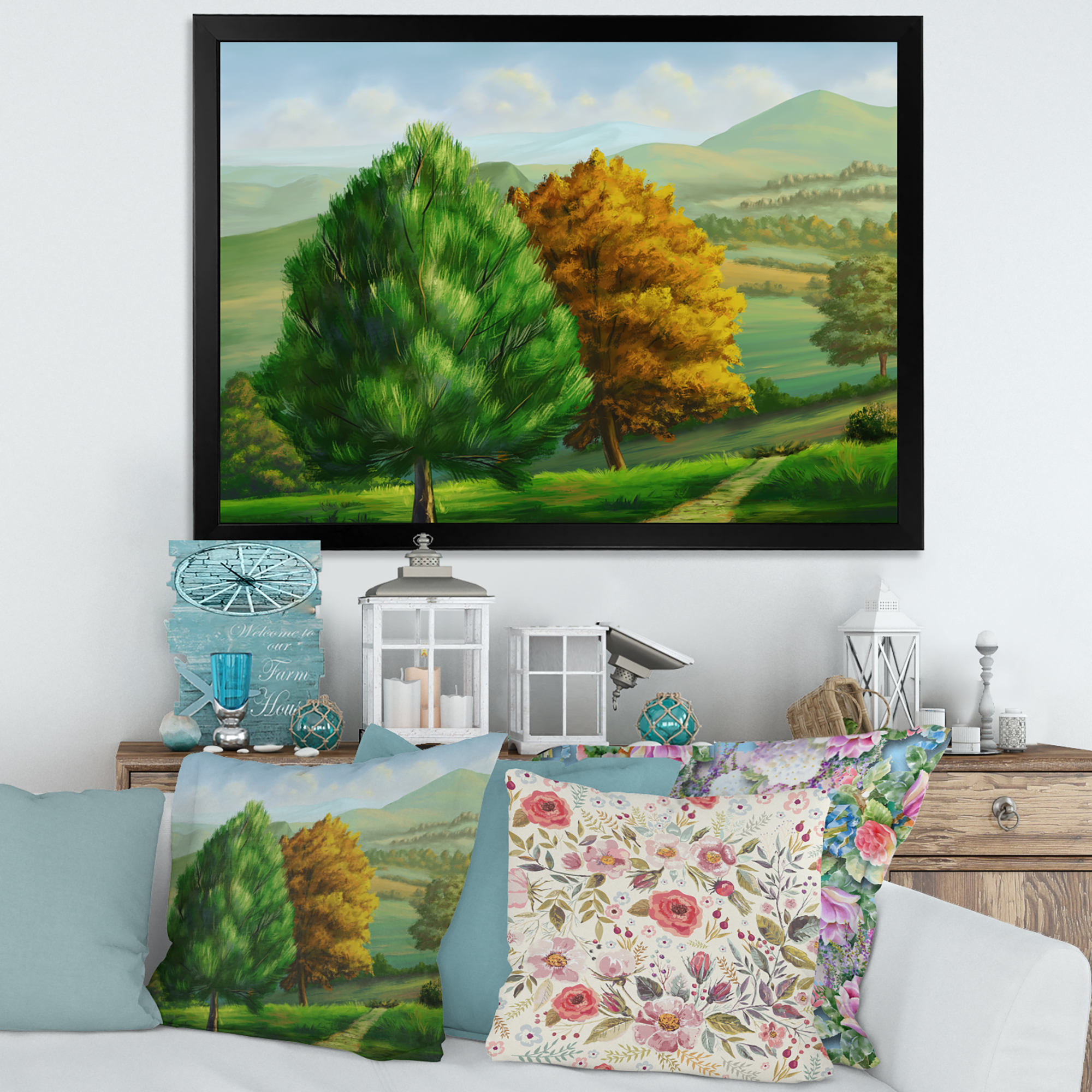 Designart 'VIbrant Trees With Country Scenery' Traditional Framed Art Print