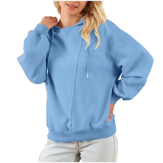 GigrtiJin Sweat à Capuche pour Femmes, Manches Longues, Col Rond, Pull-Over, Blouses Décontractées, Couleur Unie