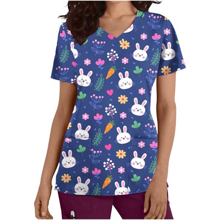 

SELONE Easter Women Scrub Tops Graphic Short Sleeve V Neck Bunny Gnomes Easter Eggs Printing with Pockets Workwear Casual Summer Cute Spring Trendy Comfortable Fashion Pullover Vintage Blue S