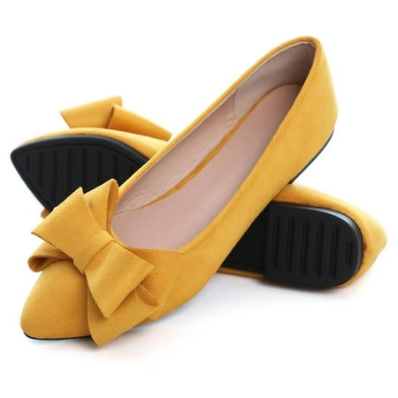 

SAILING LU Suede Ballet Flats for Women Sweet Bow Shoes Soft Pointy Toe Slip-ons Yellow 055 US 9.5