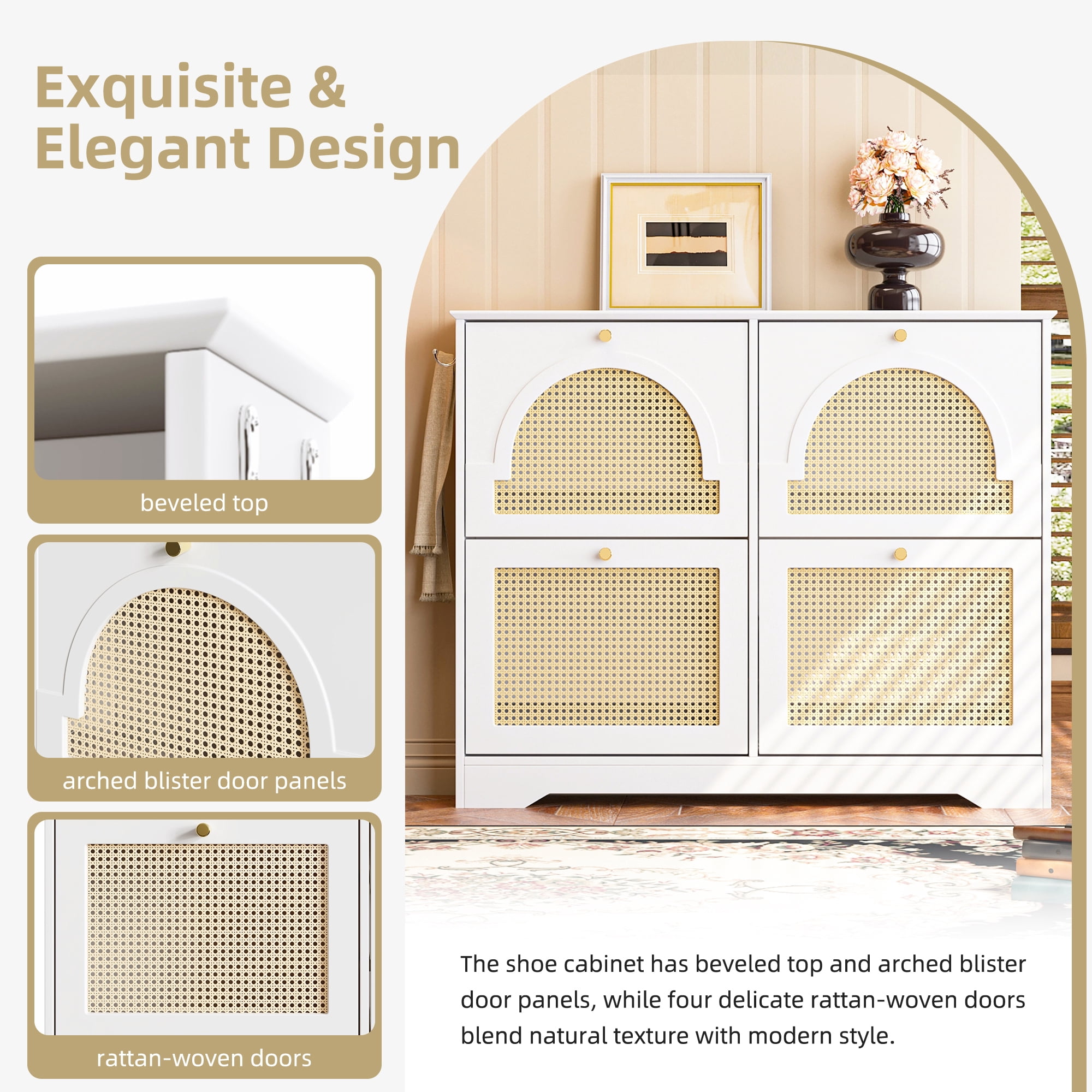 Euroco Mid-Century Rattan Shoe Cabinet with 4 Flip Drawers, Arched Doors, and Side Hooks, Holds up to 12 Pairs of Shoes