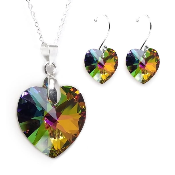 Juego de aretes y cadena con dije en forma de Corazón, plata mexicana ley .925, Vitral