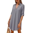 thumbnail image 6 of ClodeEU Women's Cotton Linen Lace Lapel V Neck Short Sleeve Shirt Dress,Casual Beach Cover Up Loose Dress Gray,Women's Plus L, 6 of 8