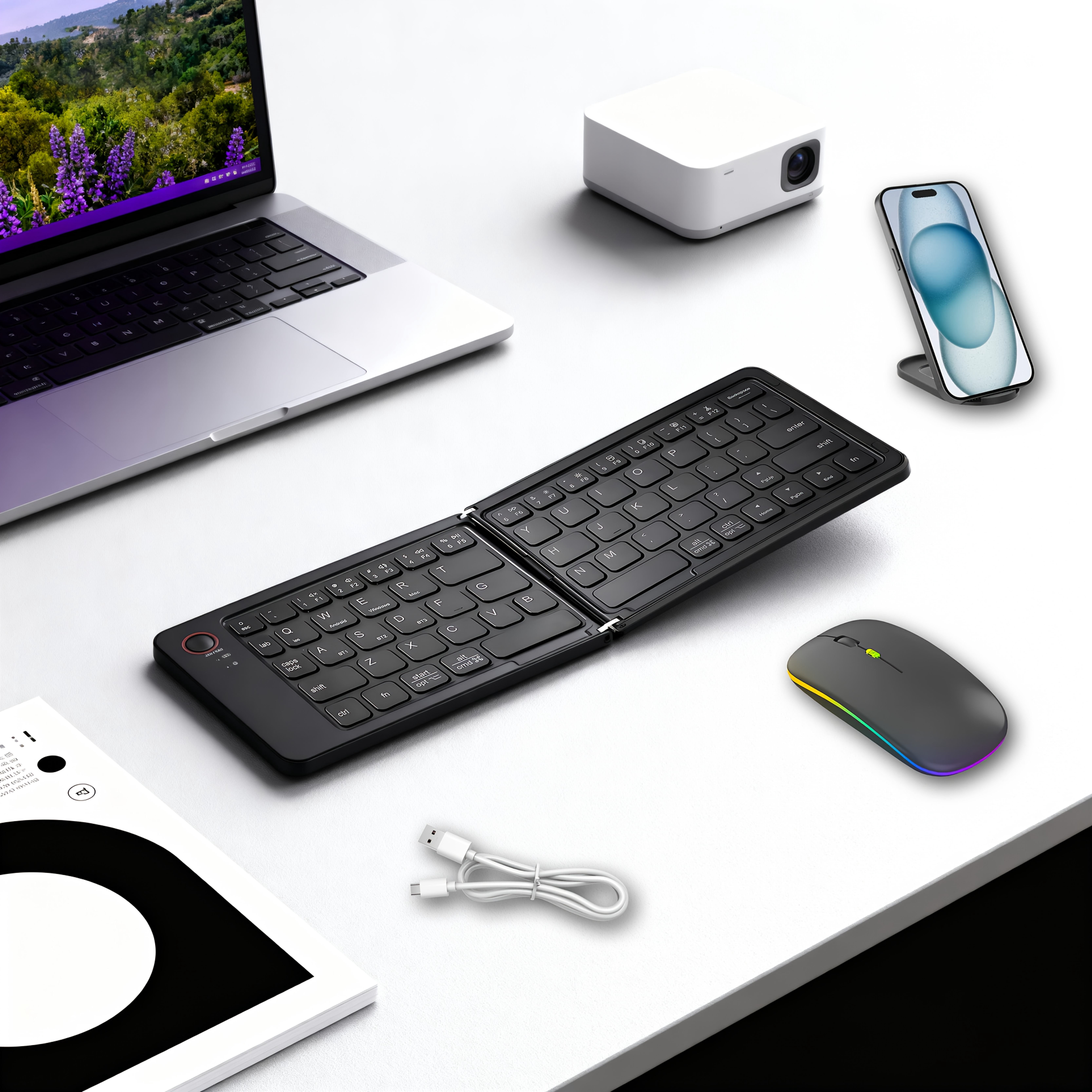Foldable Wireless Keyboard, Portable Double-Fold Bluetooth Keyboard, Ultra-Thin Rechargeable Pocket Keyboard for iOS, Windows, Android Tablet, 5 Colors