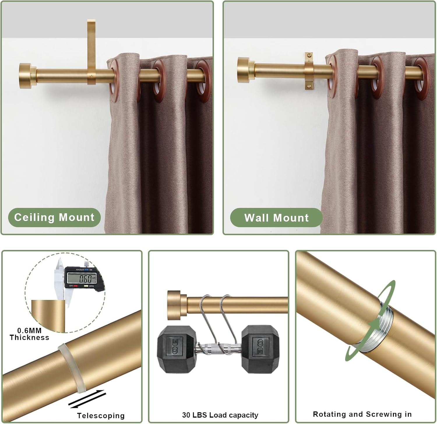 16-150 Inch Curtain rods, 1 Inch Diameter Splicing and Telescoping Structure Window Treatment Rods Set Adjustable Drapery Rods Heavy Duty Pole, Warm Gold
