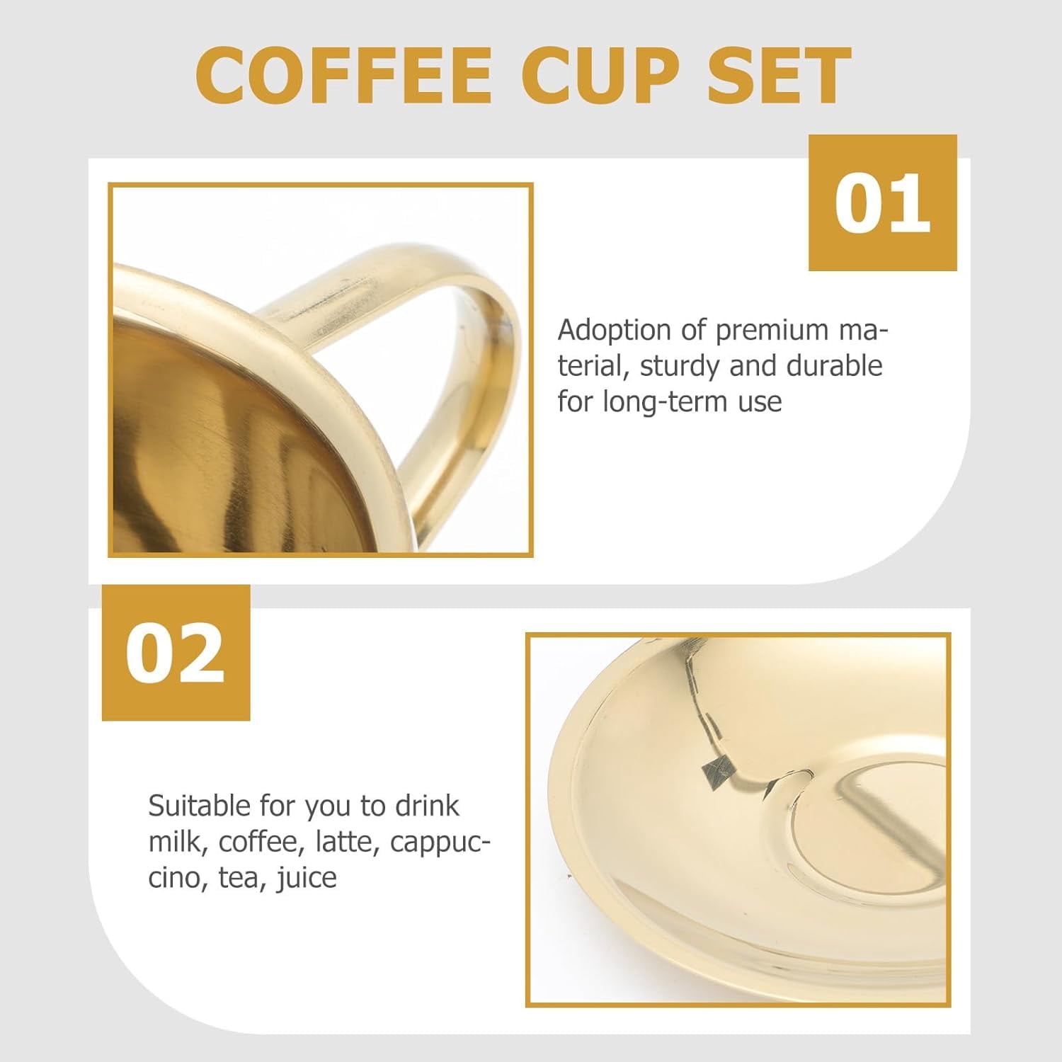 ABCISI Stainless Steel Coffee Cup Set with Saucers and Spoons, 7Oz Double Wall Espresso Mugs for Tea Latte and Cappuccino Enjoyment for Home Coffee Shop and Office, Gold