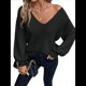 thumbnail image 1 of Suéter de Cuello en V con Hombros Descubiertos para Mujer, Camisa Ajustada de Larga, Suéter con Lazo en la Espalda Negro L, 1 of 8