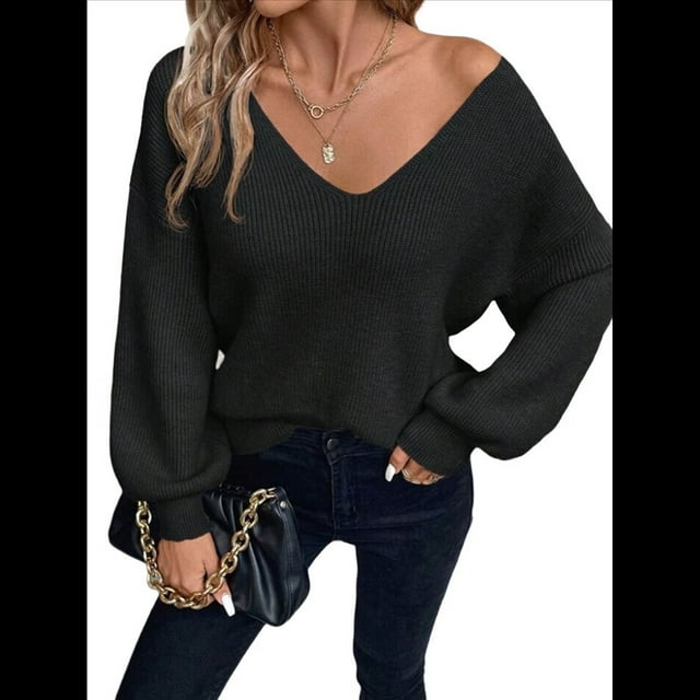 Suéter de Cuello en V con Hombros Descubiertos para Mujer, Camisa Ajustada de Larga, Suéter con Lazo en la Espalda Negro M