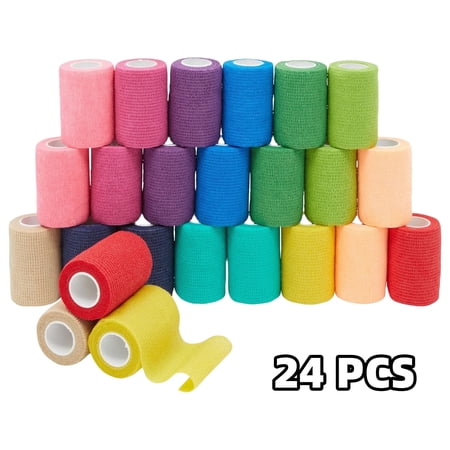 24 Rolls Colorful Self Adhesive Bandage Wrap – 3" x 5 Yards, Cohesive First Aid Tape for Sports, Medical, and Tattoo Use (12 Colors)