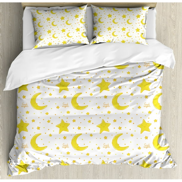 Yellow And White Queen Size Duvet Cover Set Sleeping Crescent Moon And Stars Pattern Night Time Cartoon Illustration Decorative 3 Piece Bedding Set With 2 Pillow Shams Yellow White By Ambesonne