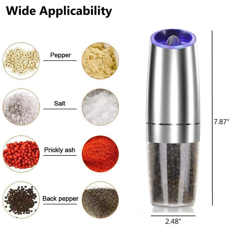 Gravity Electric Salt and Pepper Grinder Set, Automatic Salt and Pepper  Mill Grinder, Battery Operated with White LED Light, Adjustable Coarseness