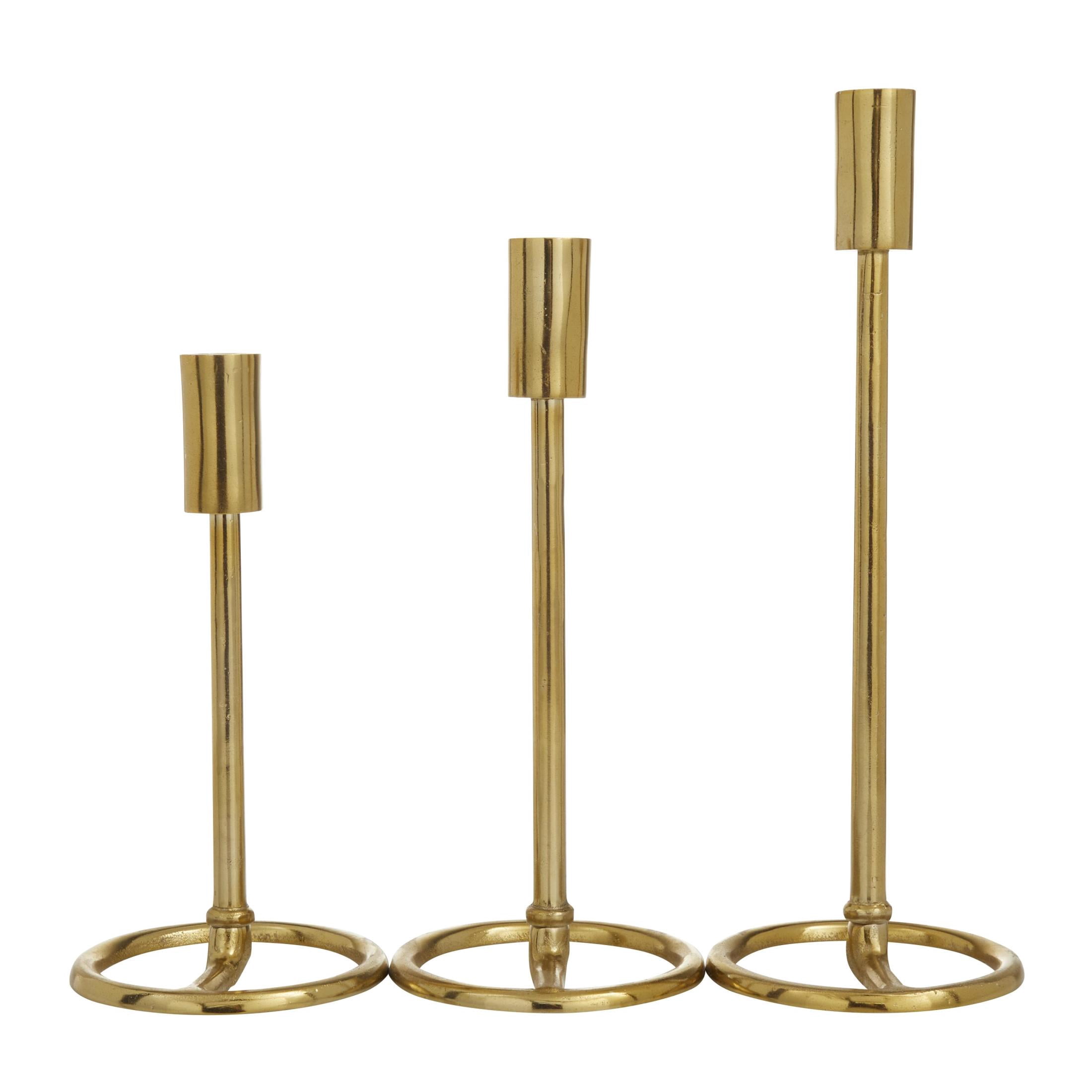 DecMode 3 Candle Gold Aluminum Metal Tapered Candle Holder with Ring Bases, Set of 3