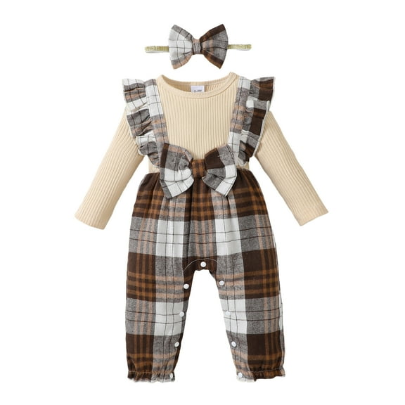 Kucnuzki Newborn Baby Girls Bodysuit 0-3 Months Knit Long Sleeves Romper Fall Winter Bowknot Plaid One-piece with Headband 2pcs Apricot
