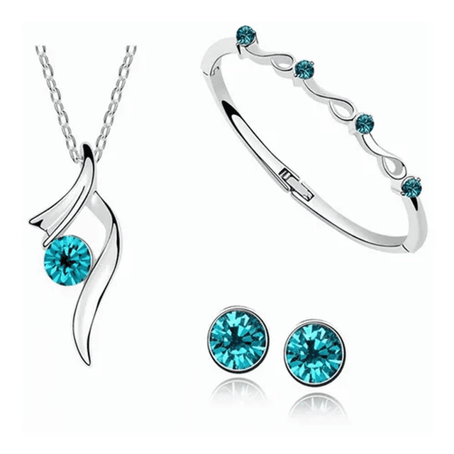 Conjunto De Joyas Collar, Aretes, Pulsera color Plata Piedras Celeste Malubero Malu1691