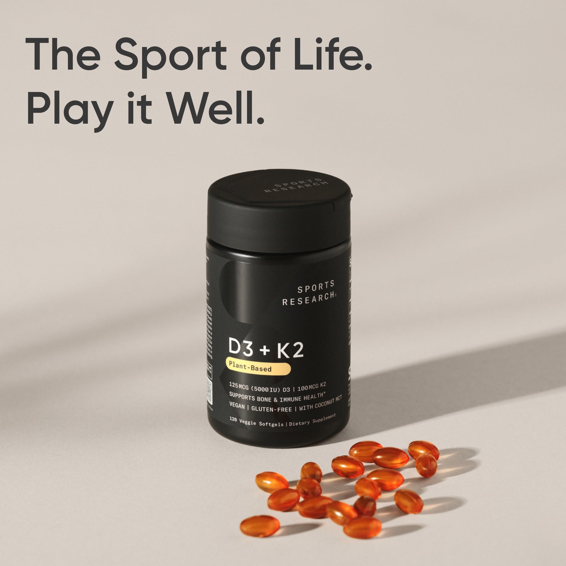 Sports Research® Vitamin D3 + K2 5000iu Plant-Based D3 + 100mcg Vitamin K2 as MK-7 - (120 Softgels)