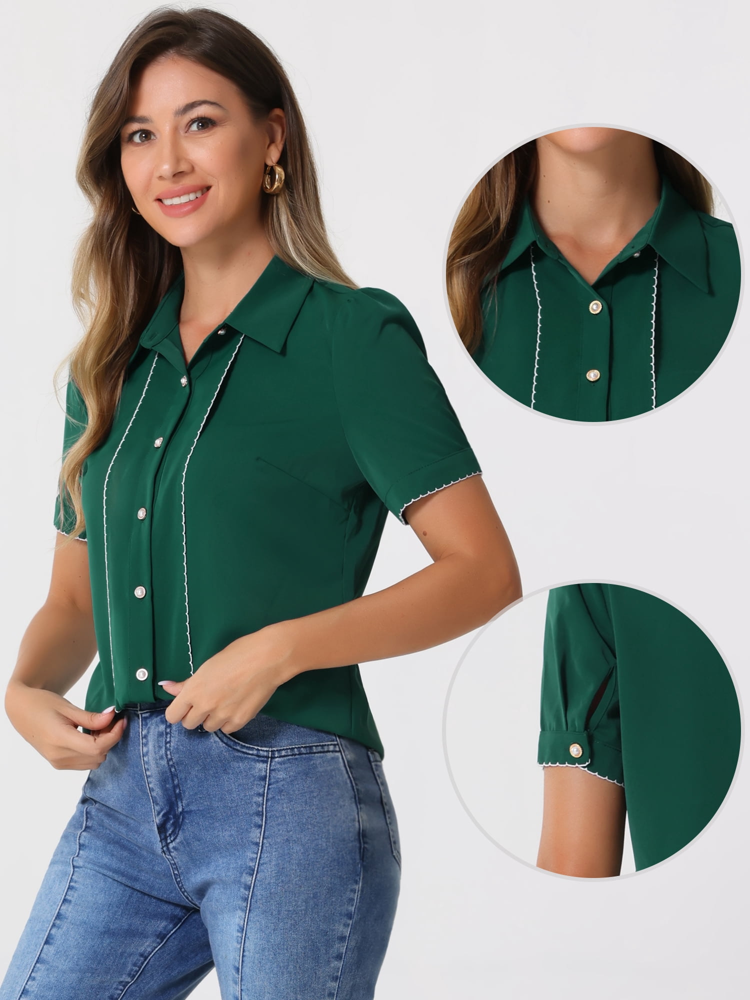 DARING DIVA Women's Button Down Collared Contrast Trim Puff Sleeve Blouse L Dark Green