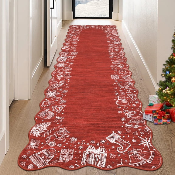 HOMERRY Xmas Rug Christmas Home Decor Scalloped Border Area Rug Washable Non-slip 2' x 8' Modern Runner for Hallway Enterway Indoor Red Carpet
