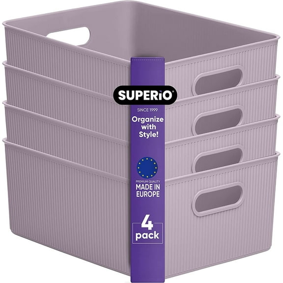 Superio Ribbed Plastic Storage Basket Organizer (4 Pack), 15 Liter Classic Closet Storage Bin for Shelf, Desk, Pantry â Store Toys, Clothes, Cosmetics, Stationary â Lilac