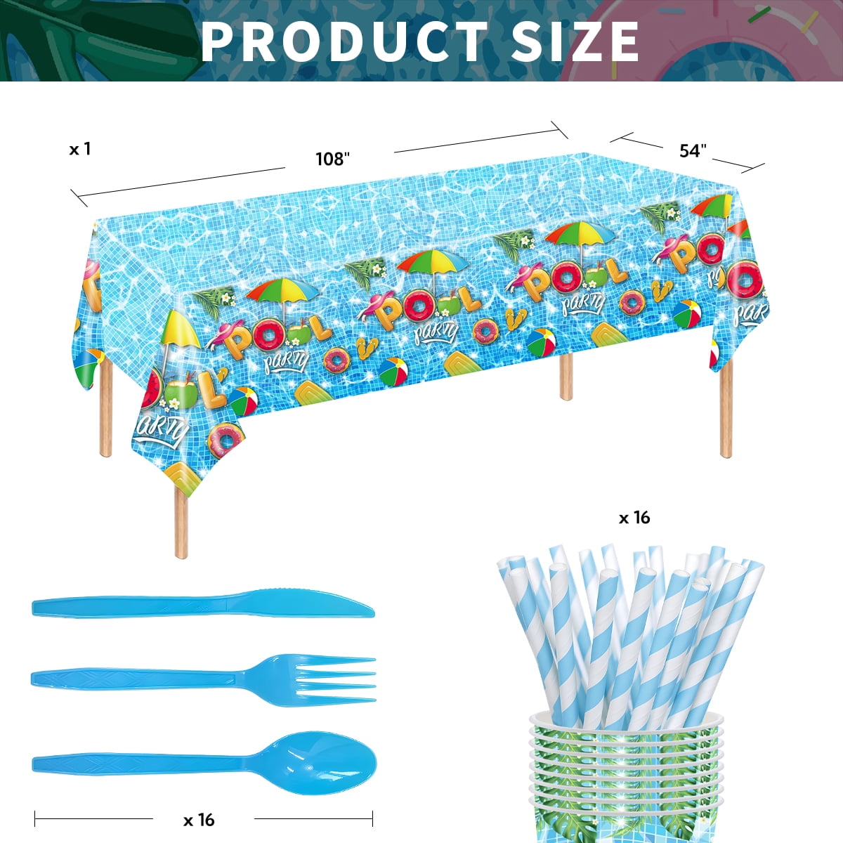 Summer Party Paper Plates Pool Party Tableware Set for Beach Hawaiian Party Favor Supplies Serve 16 Guests