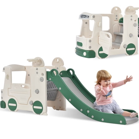 CoSoTower Kids Slide with Bus Play Structure Climber, Freestanding Bus Climber with Slide for Toddlers, Bus Climber Slide Set with Basketball Hoop