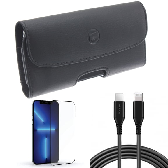 Screen Protector & 10ft PD Cable & Case Belt Clip for iPhone 13 Pro Max ONLY - Anti-Glare Tempered Glass Matte   USB-C Fast Charger Long   Leather Holster Cover Combo