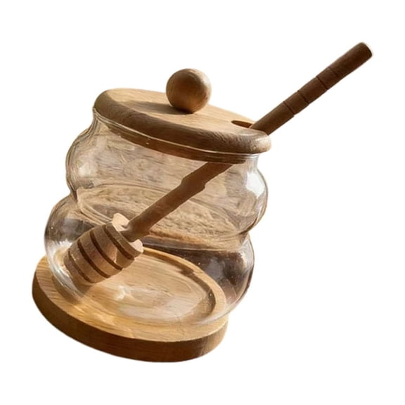 AOOOWER Sealed Glass Honeys Dispenser Includes Wooden Stirring Stick and Lid Shatterproof High Borosilicate Glass Storage Jar