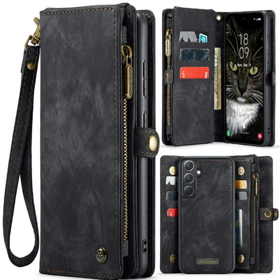 Case for Samsung Galaxy A35 5g Wallet Cover Trifold with Strong Magnetic Tpu Pc Handmade Leather Zipper Detachable Card Holder