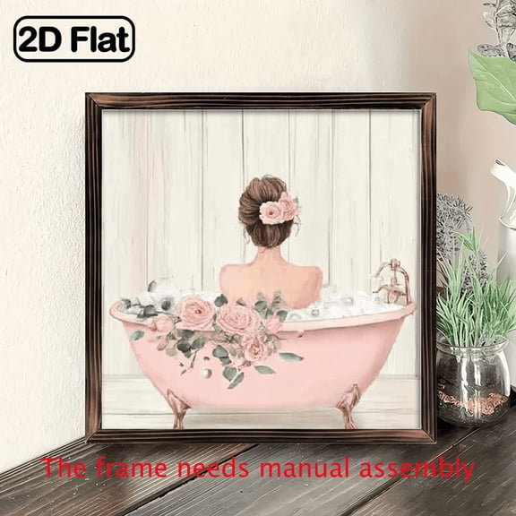 2D Flat, 8x8 Inch Shabby Chic Wooden Wall Art - Vintage Woman in Pink Bathtub with Floral Bouquet, Soft Pastel Pink White Framed Print, Multi-Room Decor for Bedroom, Bathroom, Kitchen, Living Room