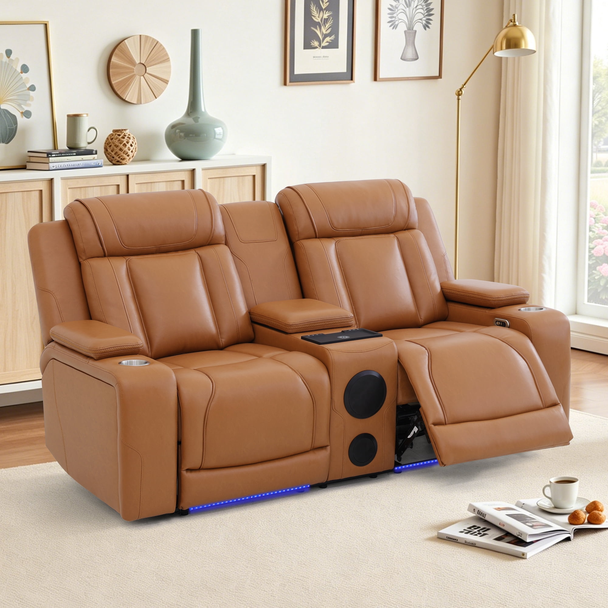 Gewnee Power Recliner with Wireless Charging, LED Ambient Lights, Built in Bluetooth Speakers, USB & Type‑C Ports, Hidden Storage, Home Theater Seating with Cup Holders, Air Leather‑Orange Yellow