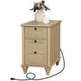 thumbnail image 4 of WAMPAT Farmhouse End Table with Charging Station, Wood Side Table with Drawer&Storage Cabinet, Rattan Weaving Nightstand with Power Outlets & USB Ports for Living Room, Bedroom, Oak, 4 of 8