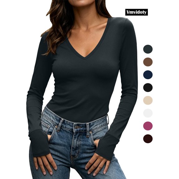 Long Sleeve Shirts for Women V Neck Going out Tops Slim Fitted Base Layer Undershirts Stretchy Basic Tees Gray L
