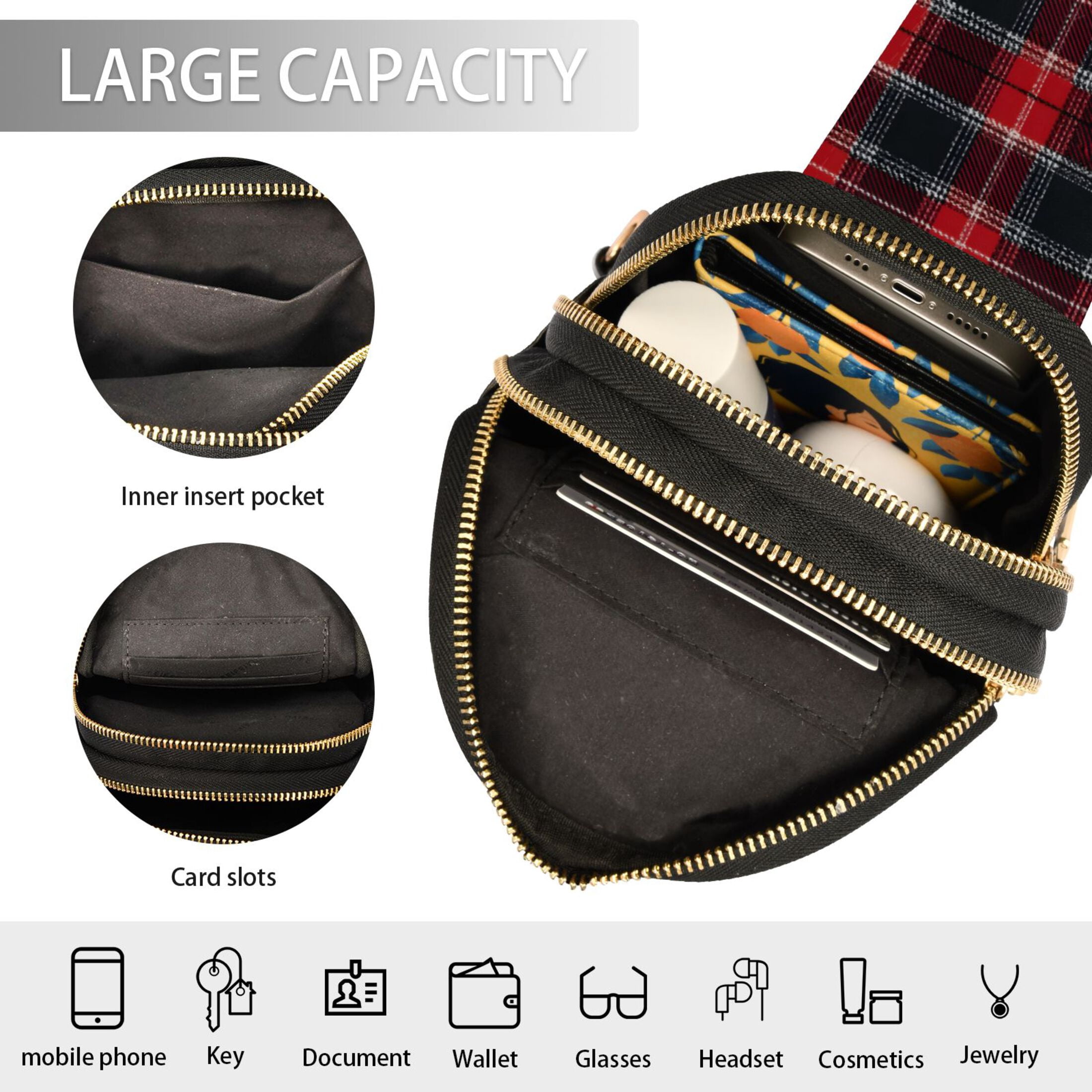 ALAZA Red Checkered Grid Sling Bag for Women Men Waterproof Crossbody Chest Bags