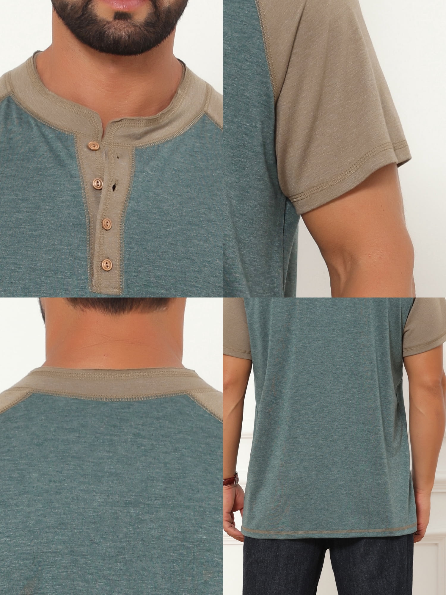 DARING DIVA Men's Raglan Henley Retro Short Sleeve Button Down T-Shirt S Green