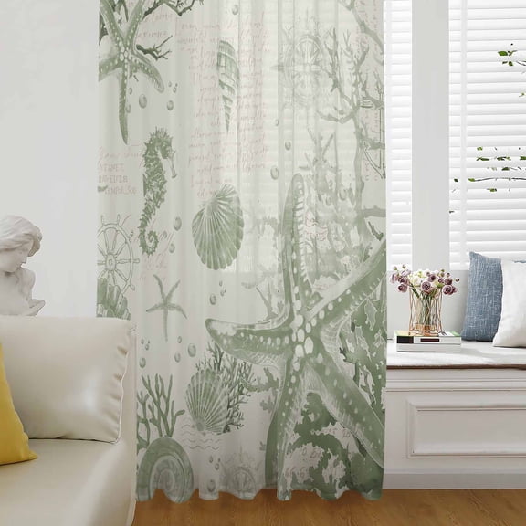 Sage Green Starfish Semi Sheer Curtains Drapes for Living Room, Bedroom, French Doors Window 72 Inches Long, Coastal Nautical Seahorse Conch Rod Pocket Chiffon Curtain Drapery Voile Draperies Panel