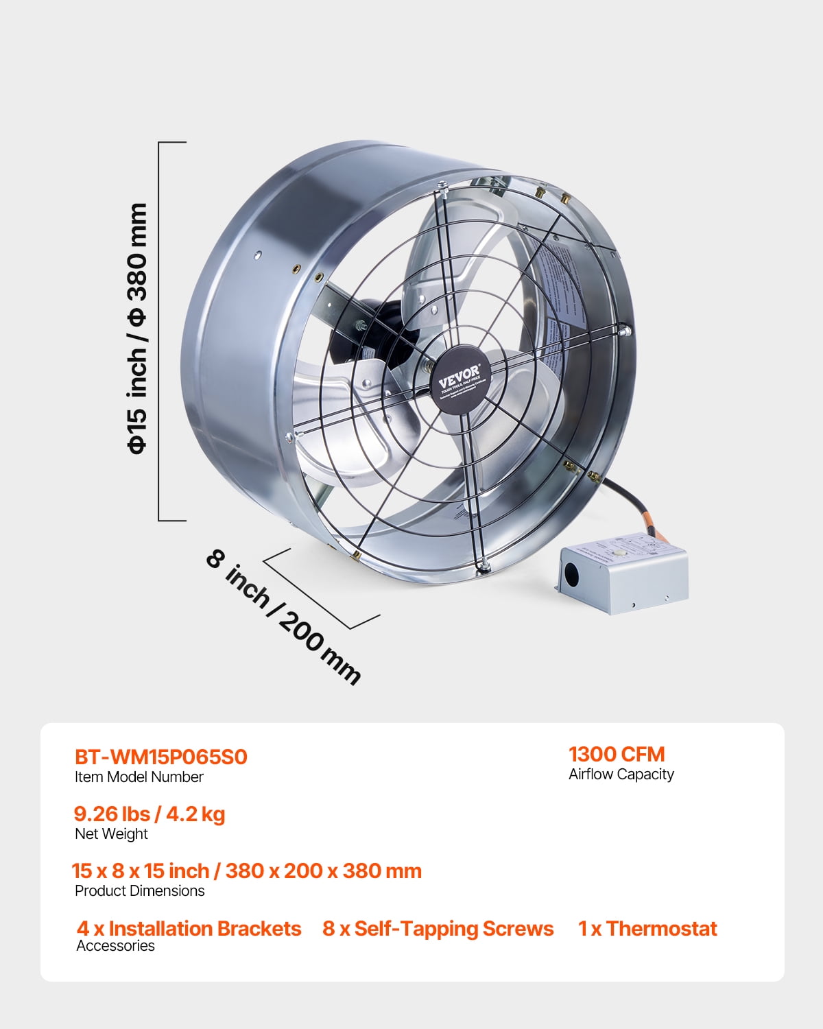 VEVOR Gable Mount Fan, 15 Inch Attic Exhaust Fan with Adjustable Thermostat & Outer Mesh, 1300 CFM House Ventilator Cools Up to 1850 Sq.Ft, Quiet Ventilation for Roof, Garage & Shop, Galvanized Color