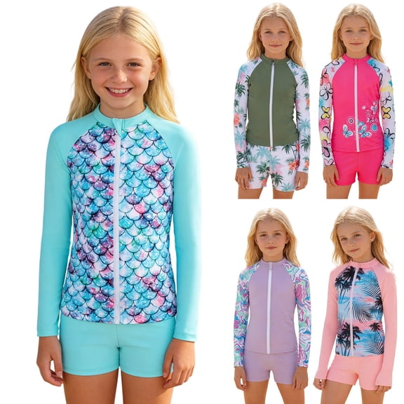 Gunia Swim Suits For Girls Sun Long Sleeve Rash Guard With Zipper Pockets Three Piece Outfit Bathing Suit Girls' Swimwear For Holiday Beach Pool 4-16 Years