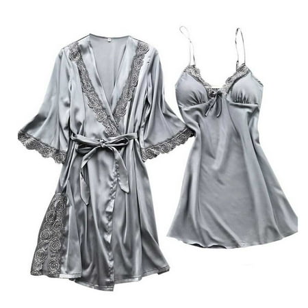 

2pcs/set Waist Tie Soft Silky Elegant Lace Loose Lightweight Long Women Robe