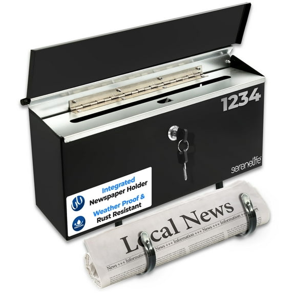 SereneLife Outdoor Wall Mailbox & Newspaper Holder | 0.24 FT Cubic Mailbox | Easy Installation, Secure Lock Mechanism | Ideal for Residential or Commercial Use | Wall Mountable | 15x3x11 in | Black