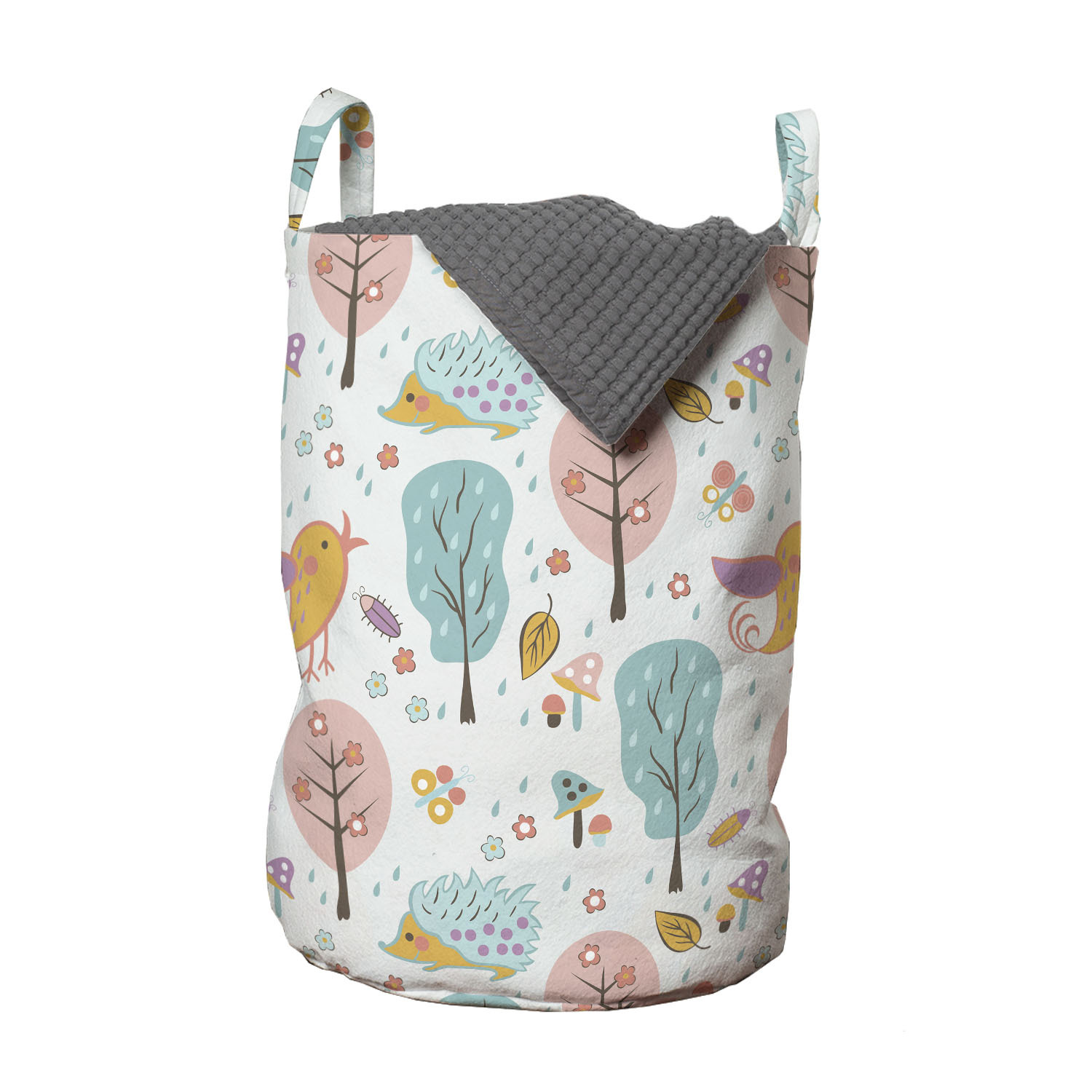 Cartoon Laundry Bag, Hedgehog Birds Mushroom Trees Insects Beetle ...