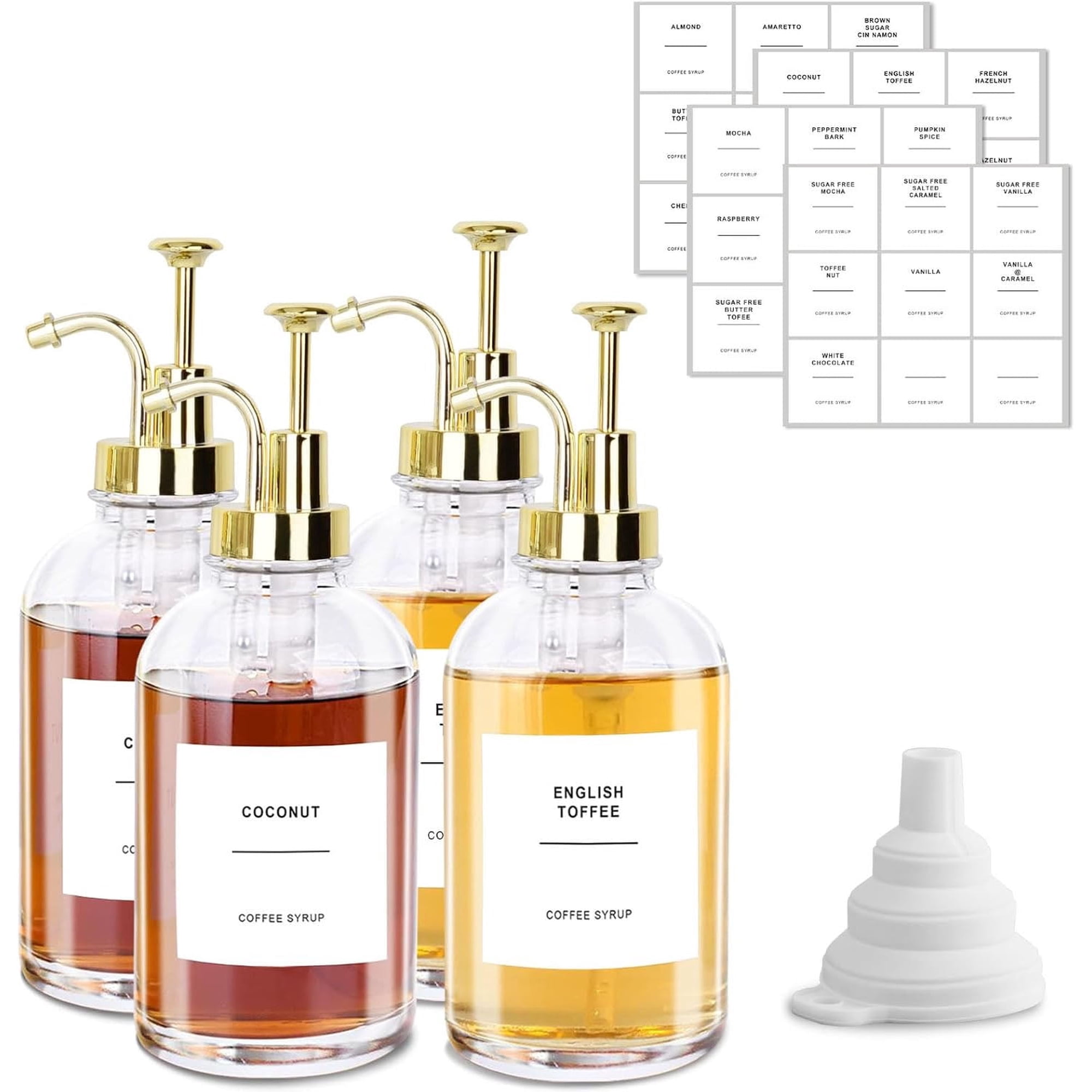 Glass Coffee Syrup Dispenser, 16.9oz Glass Syrup Bottles Set of 4, Coffee Bar Accessories with Labels and Funnel&Pump for Kitchen Coffee Bar Accessories, Gold