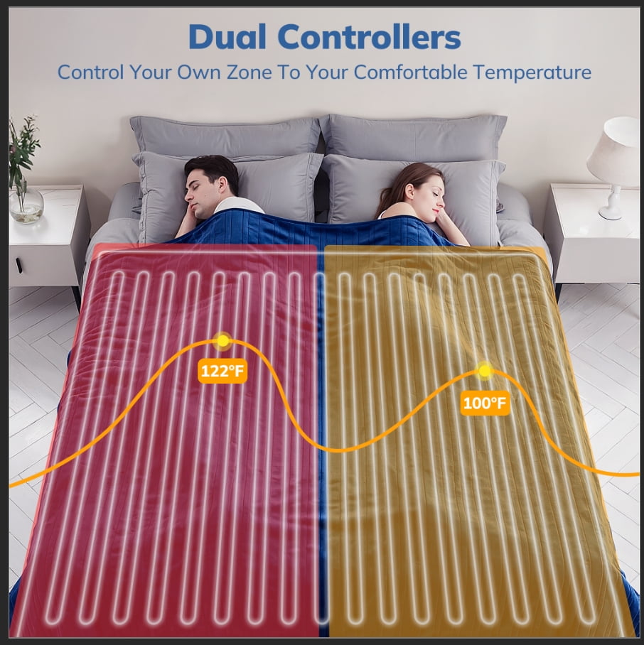 Keenstone Double-sided Flannel Electric Heated Blanket King Size Dual Control, 90"x100" Machine Washable Fast Heating Blanket with 6 Heating Levels &10 Hours Auto Off,Blue