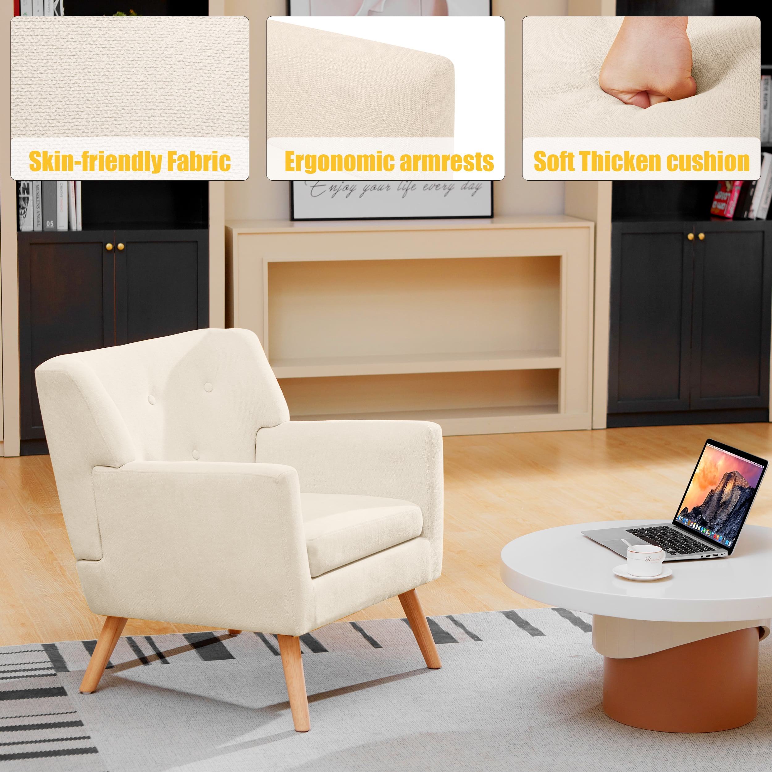 TrumanPick Mid Century Accent Chairs, Set of 2 Modern Living Room Armchair Tufted Single Sofa Lounge Chair for Bedroom, Beige
