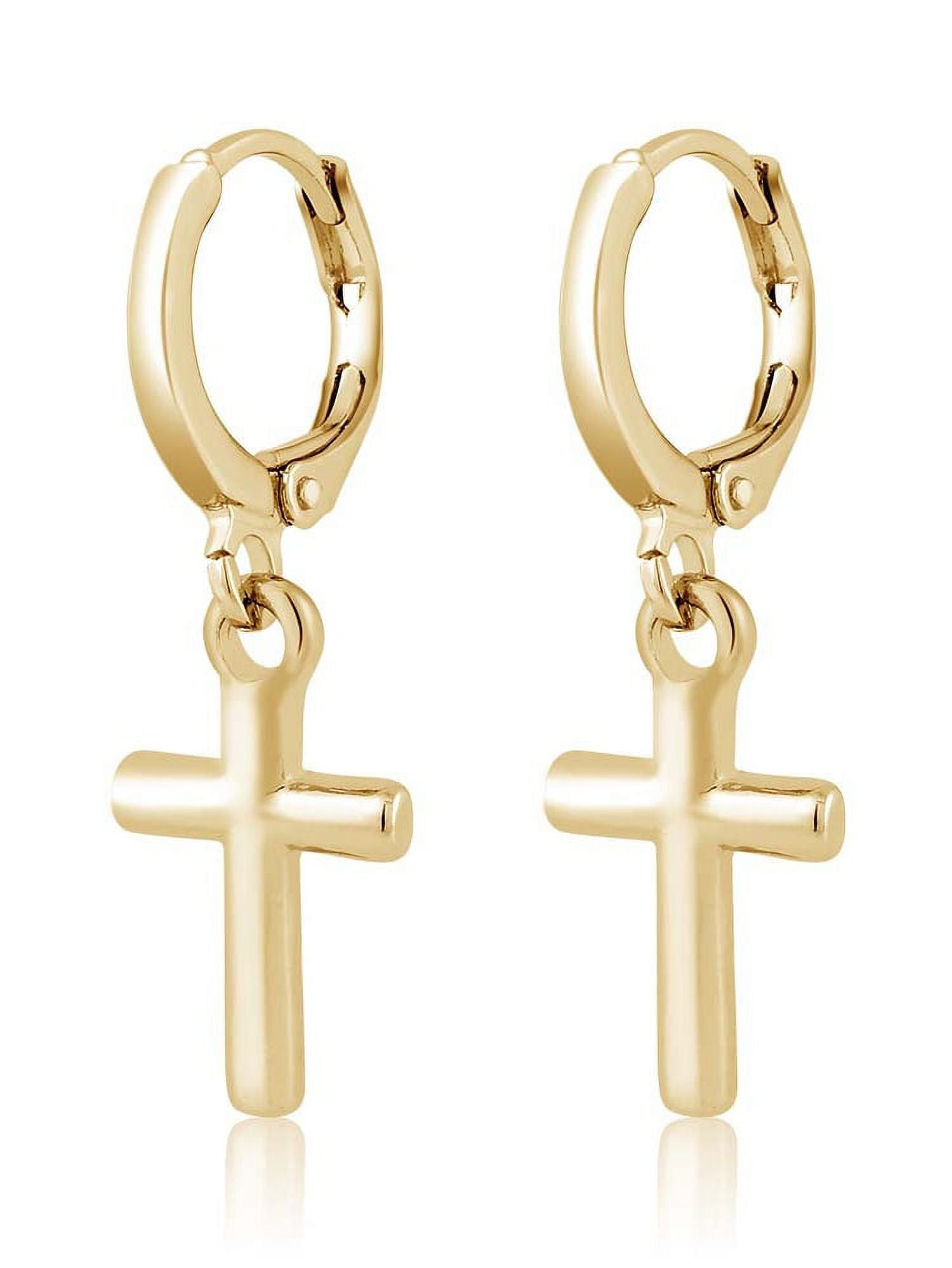 Gorgeous Small Cross Yellow Gold Plated Huggie Dangle Earrings