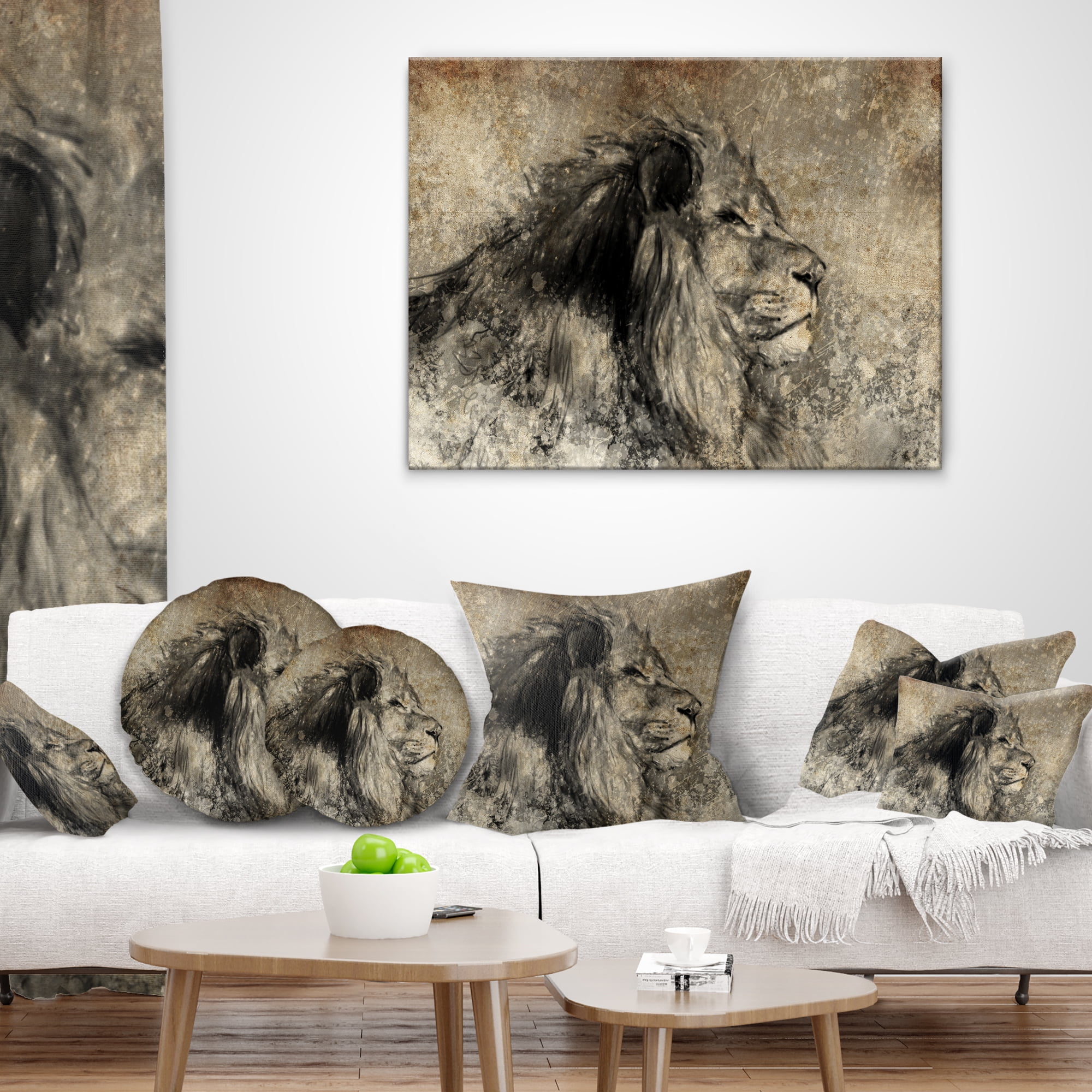 Designart Lion in Sepia - Animal Throw Pillow - 12x20