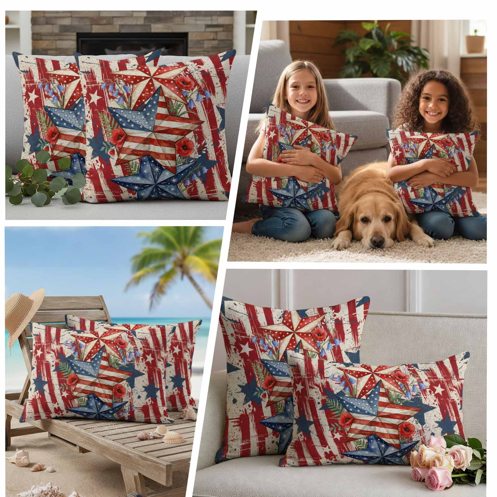 Outdoor Pillow Covers Waterproof, Patriotic USA Flag Decorative Square Throw Pillowcases Patio Cushion Covers for Tent/Garden, 20" x 20" 2 Pack, Texas Star Botanical Leaves Red Striped